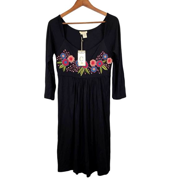 NEW! CAITE Embroidered Floral Detail Dress Loose Fit Casual Black LS - S - Picture 1 of 5